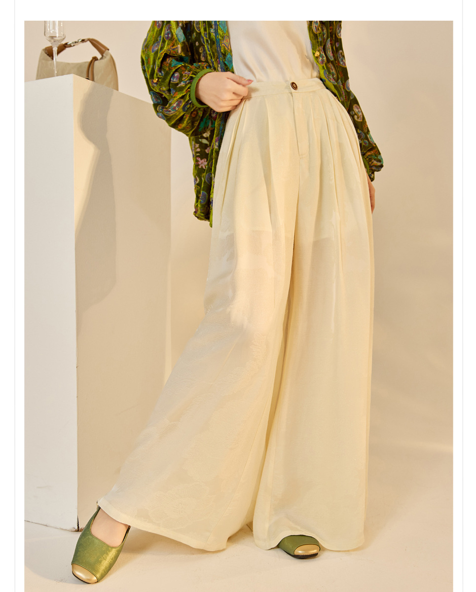 Quần dài ống rộng nữ họa tiết jacquard lụa tơ nhân tạo — Màu trắng nhạt, màu vàng