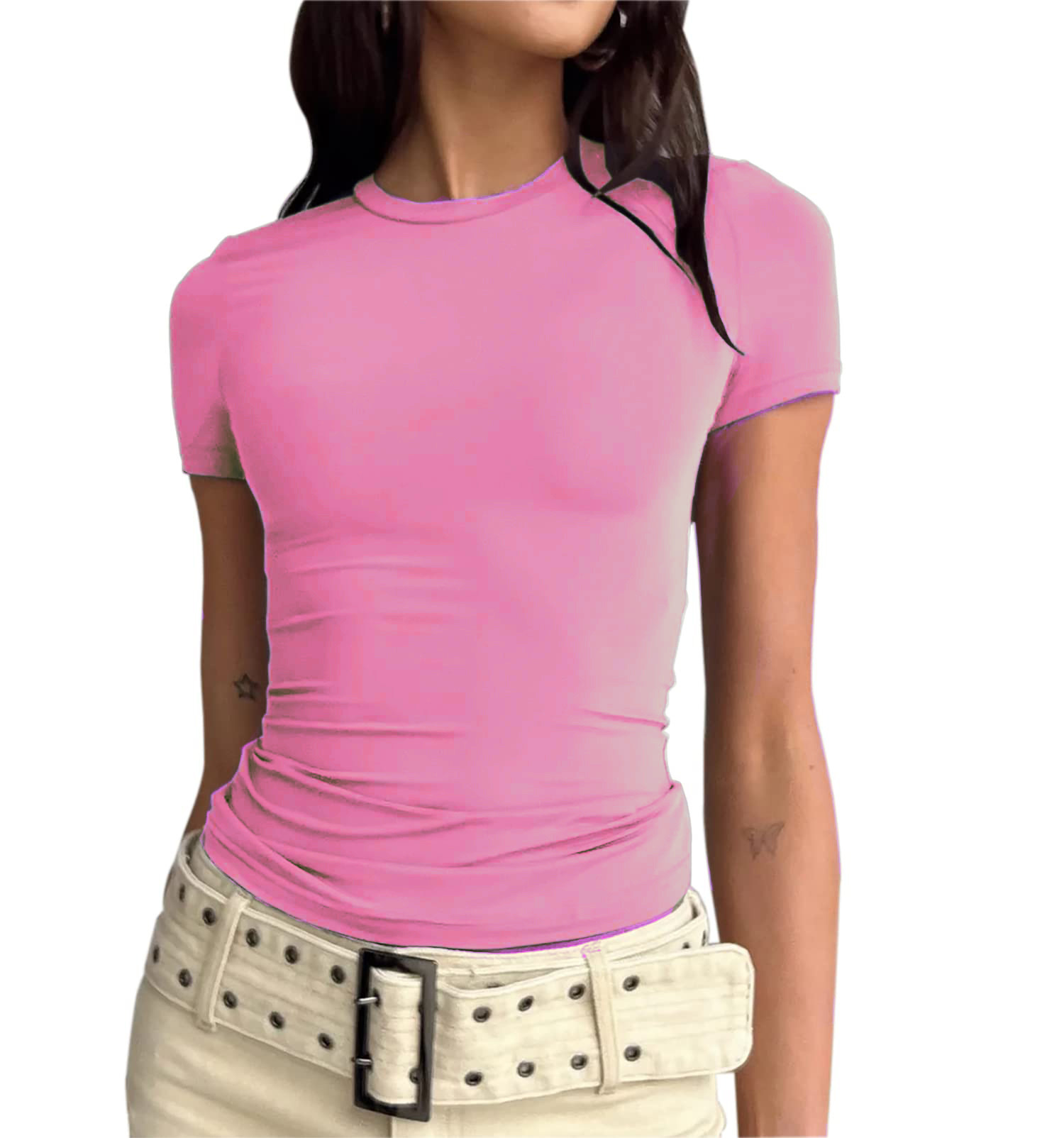 欧美女装休闲长袖t恤春秋纯色修身套头衫t恤女街装打底衫上衣