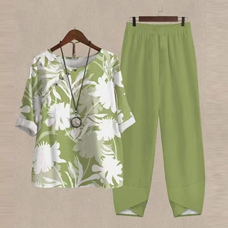 Summer Womens Casual Set Short Sleeve Round Neck Top Solid Color Pants Stylish and Comfortable for Everyday Wear