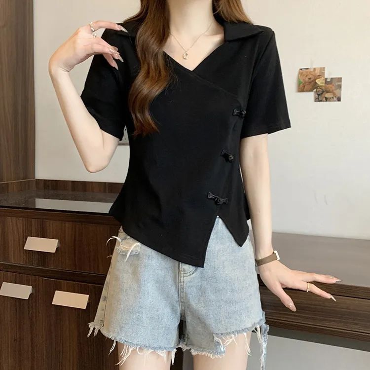 Womens V Neck Polo T Shirt Short Sleeve Plus Size Casual Chic Design Available in Apricot and Black Wholesale
