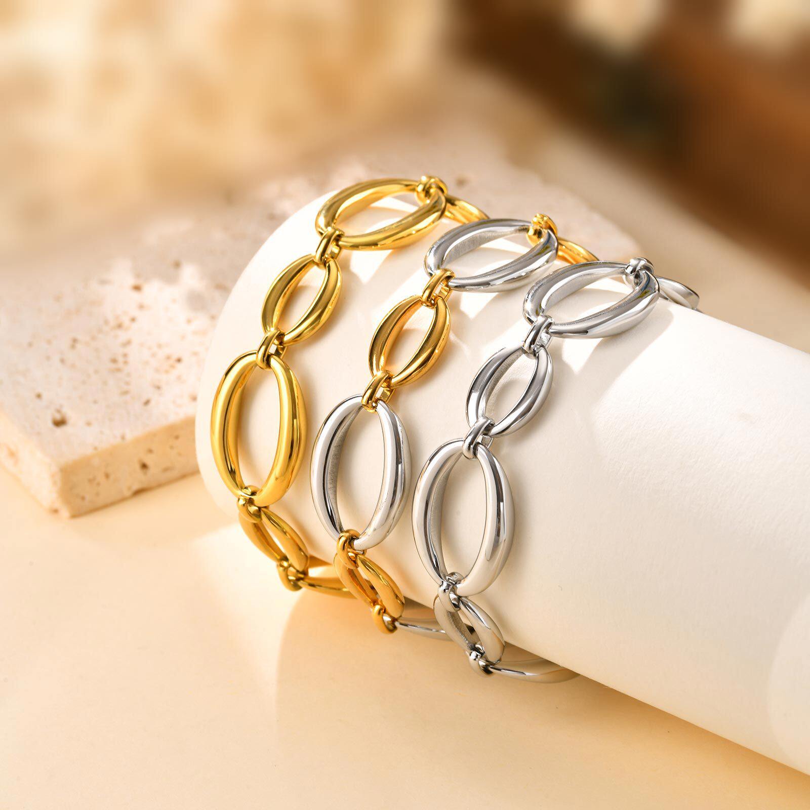 Original Huanmu Trade Ladies European and American Style Stainless Steel Large Chain Geometric Bracelet Golden Steel Simple Bracelet