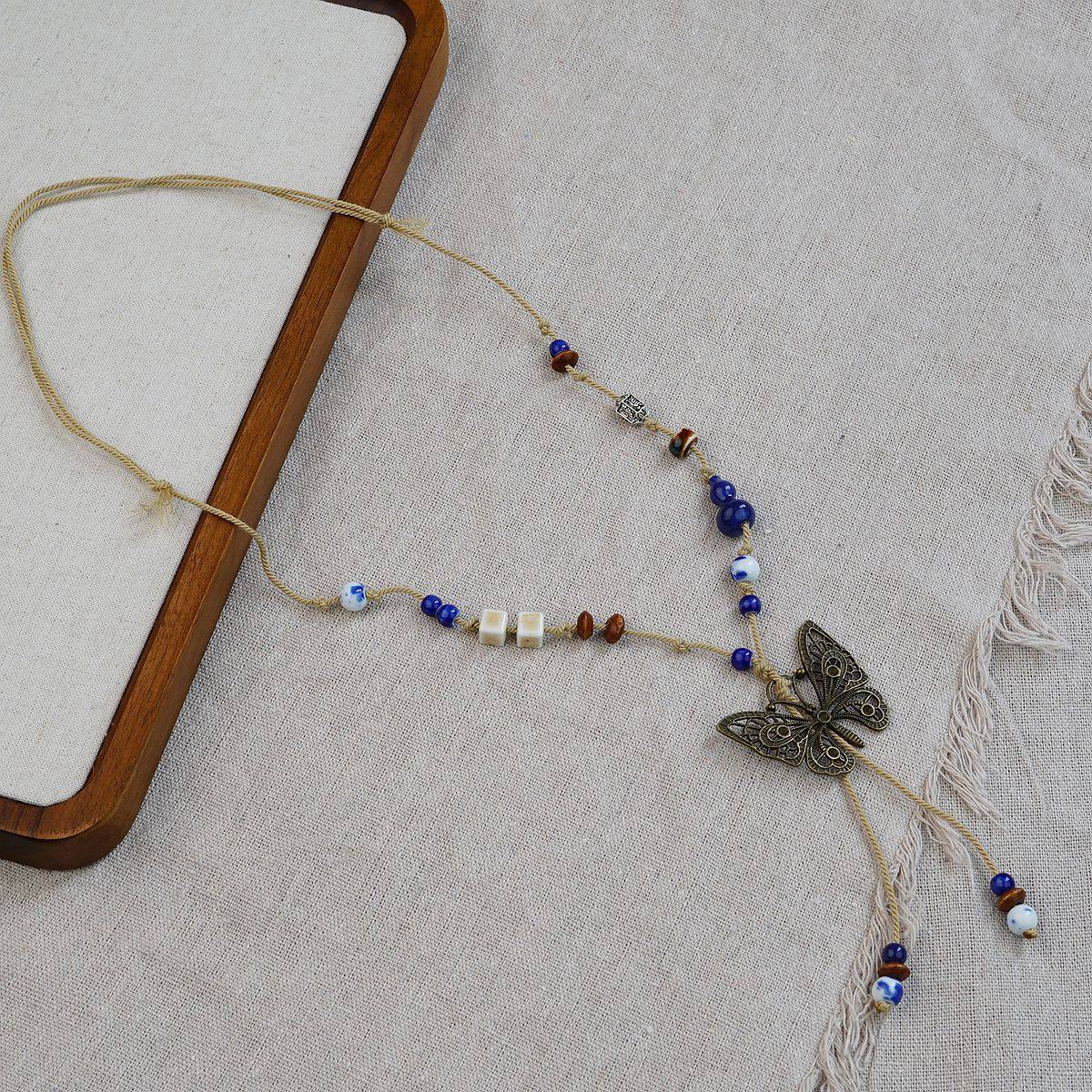 Jingdezhen Ceramic Necklace Ethnic Style Butterfly Style Antique Style Clavicle Chain Accessories Retro Matchinging Long Style Wholesale