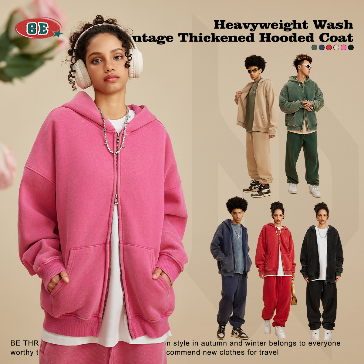 BE男装|2025秋季重磅oversize开衫连帽卫衣宽松潮牌拉链外套套装