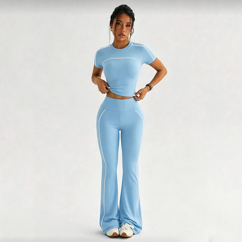Womens Summer Sports Set Fitted Short Sleeve T Shirt with Round Neck High Waisted Slim Leggings Wholesale Available