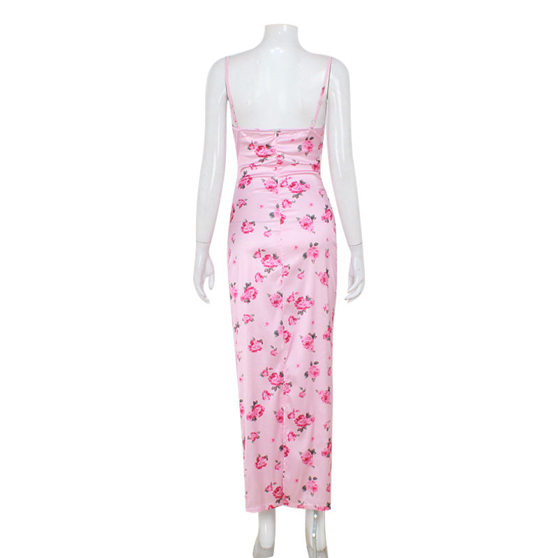 French Style Summer Maxi Dress Sexy Off Shoulder Floral Print Slim Fit Soft Pink Perfect for Parties or Casual