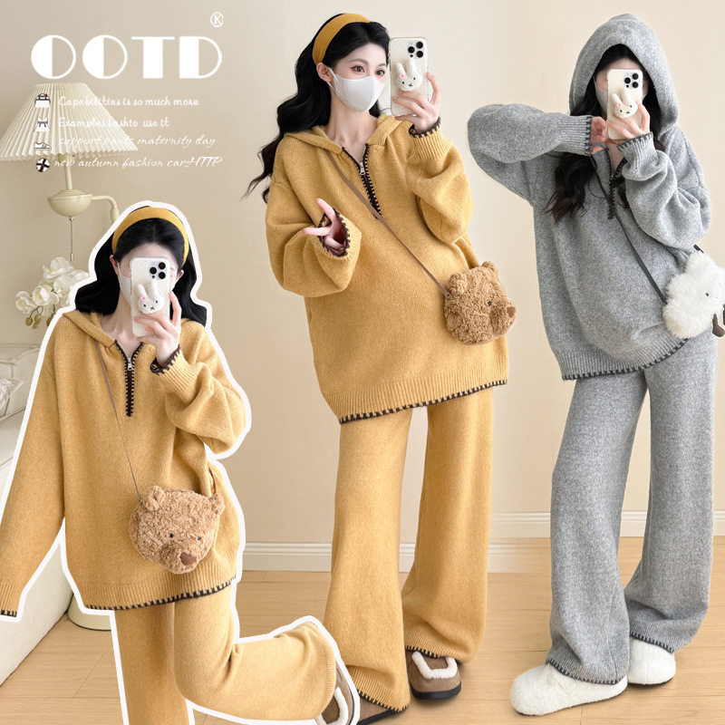 2025 Autumn and Winter Maternity Wear New Korean Style Temperament Hooded Pullover Knitted Top Maternity Wide Leg Pants Suit
