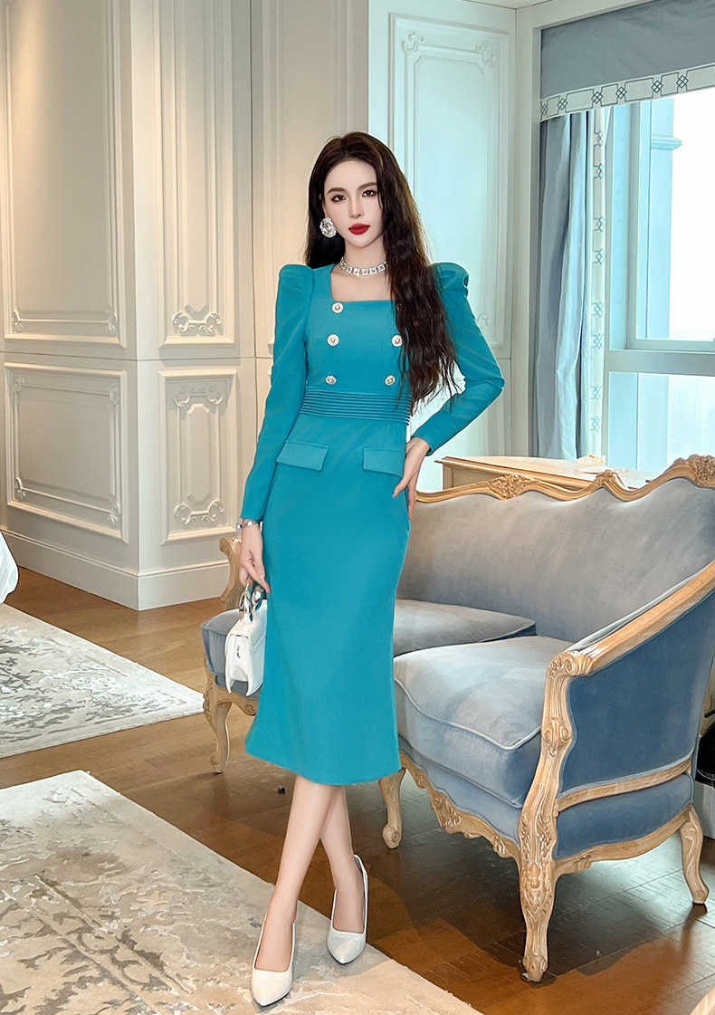 Đầm ôm body nữ cổ vuông dài tay thắt eo thanh lịch — Màu xanh nước hồ