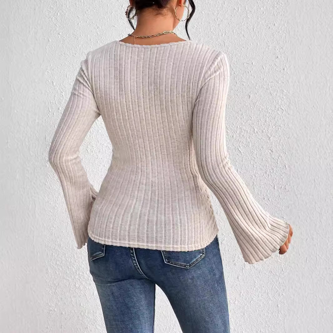 Elegant Womens T Shirt Square Neck Flared Sleeves Slim Fit Spring Summer Casual Wear Wholesale Available