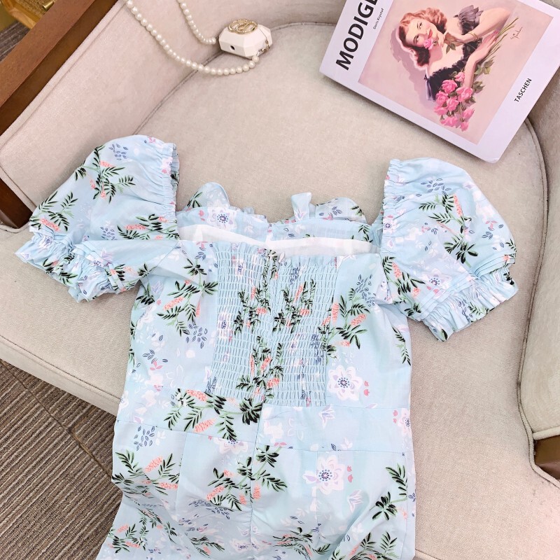 Đầm linen in hoa phong cách Pháp cổ vuông tay phồng dáng chữ A — Riviera của Nice