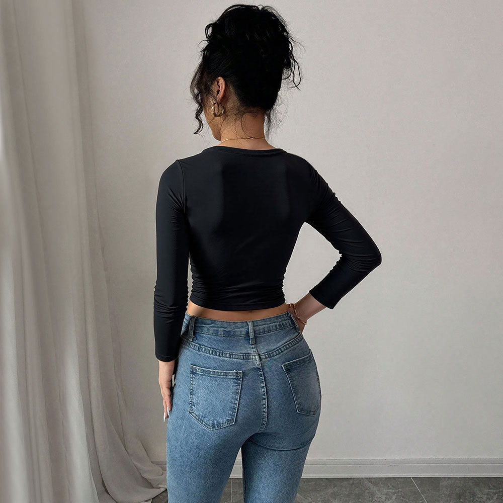 Black Long Sleeve T Shirt Hollow Out V Neck Solid Color Sexy Design Casual Wear for Women Wholesale Available