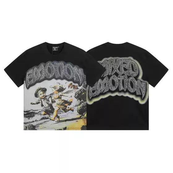 2025 Cross-Border American Trendy Brand Mixed Emotion T-Shirt Hot Diamond Export Street Retro Loose Short-Sleeved Men