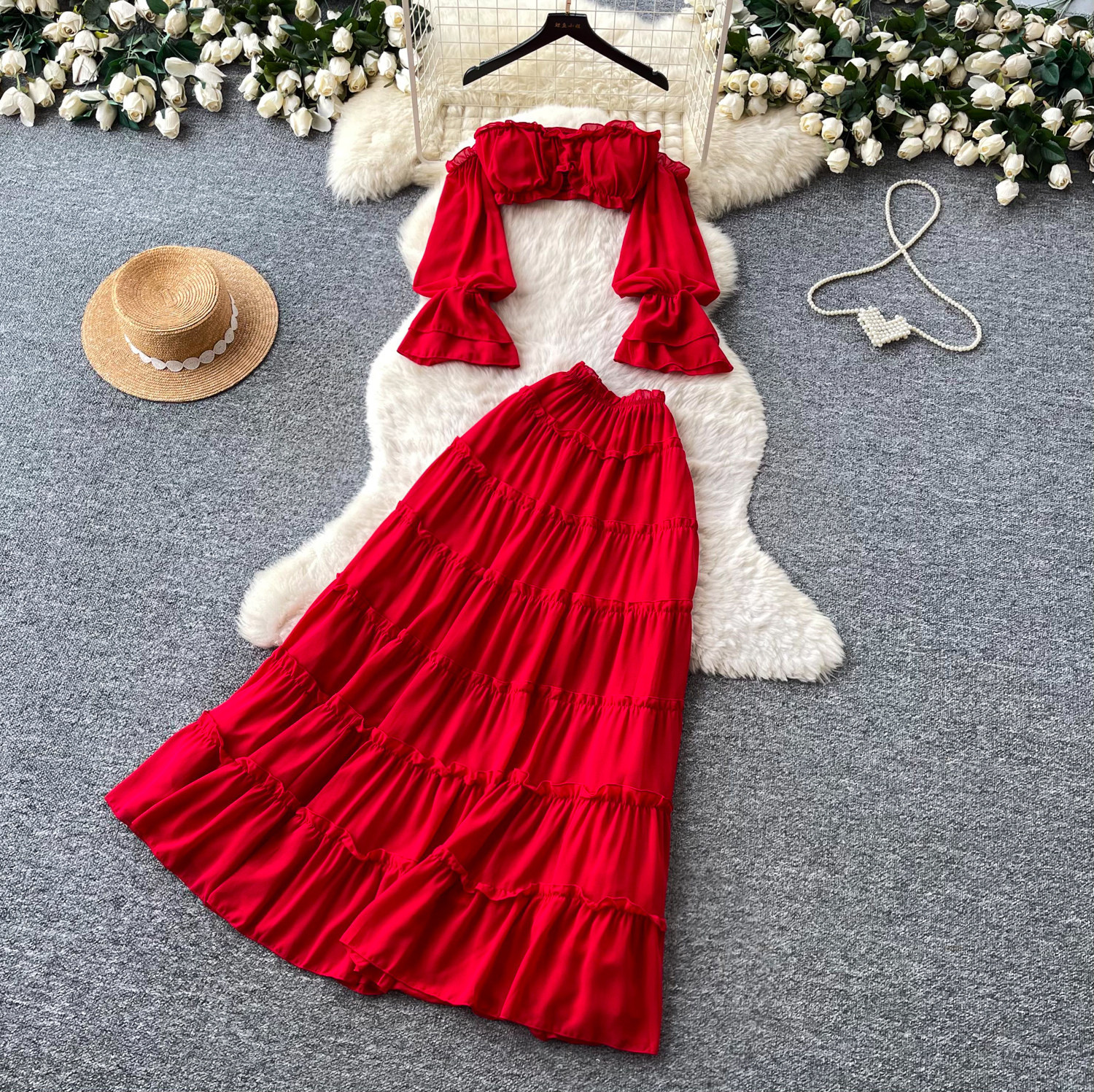 Off Shoulder Crop Top and High Waisted Ruffle Skirt Set Chiffon Fabric Vacation Style Trendy Look Wholesale Available