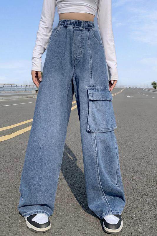 High Waisted Straight Leg Wide Leg Cargo Jeans for Women Versatile Plus Size Loose Fit Spring and Autumn Fashion