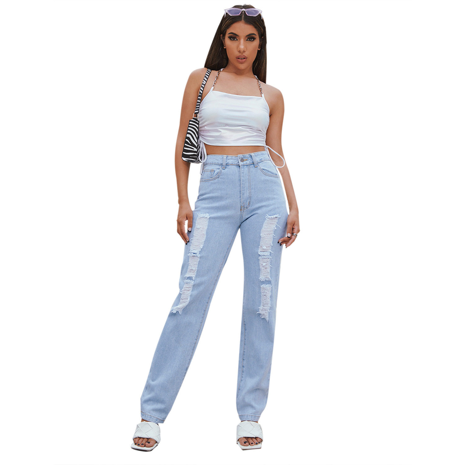 High Waisted Harem Jeans Distressed Design Loose Fit Trendy Style Casual Wear for Women Wholesale Available