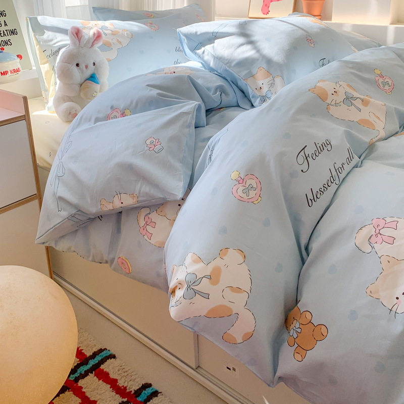 2025 Spring All-Cotton Four-Piece Set with Cartoon Print, Pure Cotton Bedding Set, Duvet Cover, Bed Sheet for 1.2m Bed, Three-Piece Set Wholesale