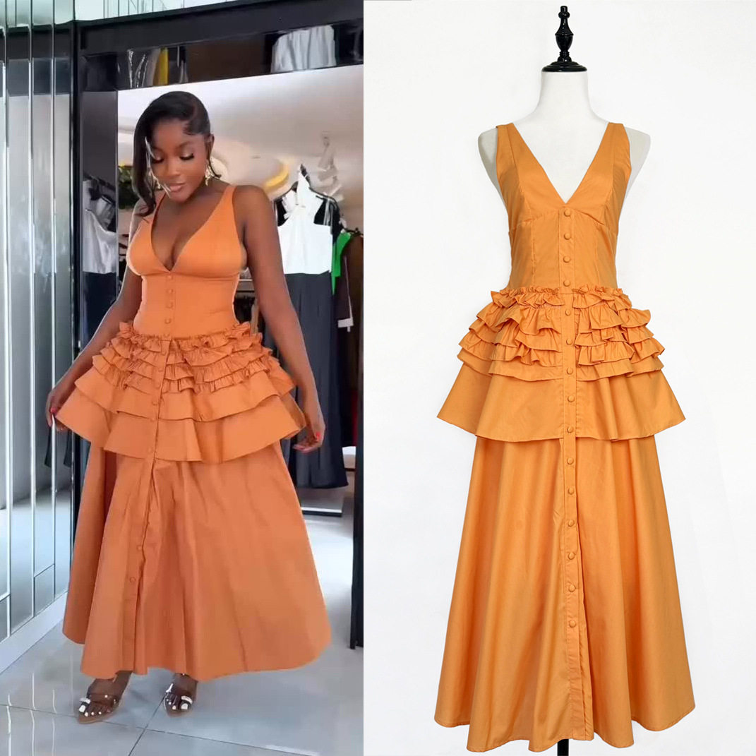 Summer Maxi Dress Solid Color V Neck Backless Flowy Design Vacation Wear Elegant Style Wholesale Available