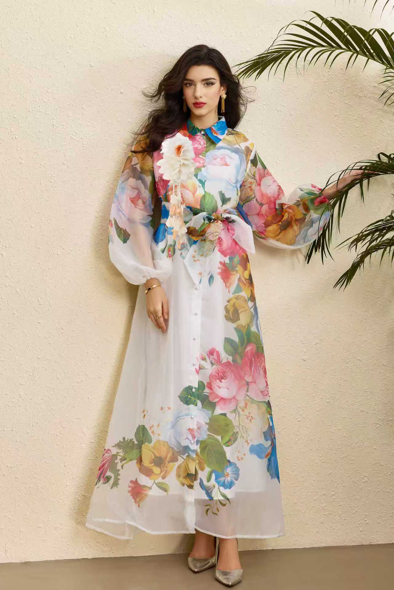 Vintage Floral Print Puff Sleeve Maxi Dress for Women Autumn Waist Tie Design Elegant Style Wholesale Available