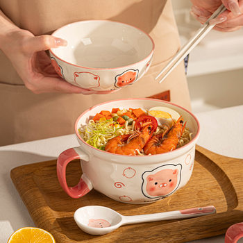 Cartoon Cute Pig Instant Noodle Bowl Household High-Value Ceramic Rice Bowl Plate New Underglaze Color Bowl and Dish Set Wholesale