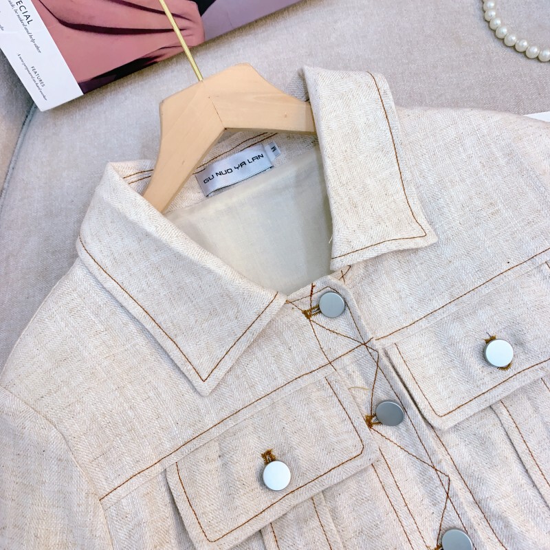 Áo khoác denim nữ dáng ngắn chất liệu vải lanh phong cách thanh lịch — Màu be nhạt