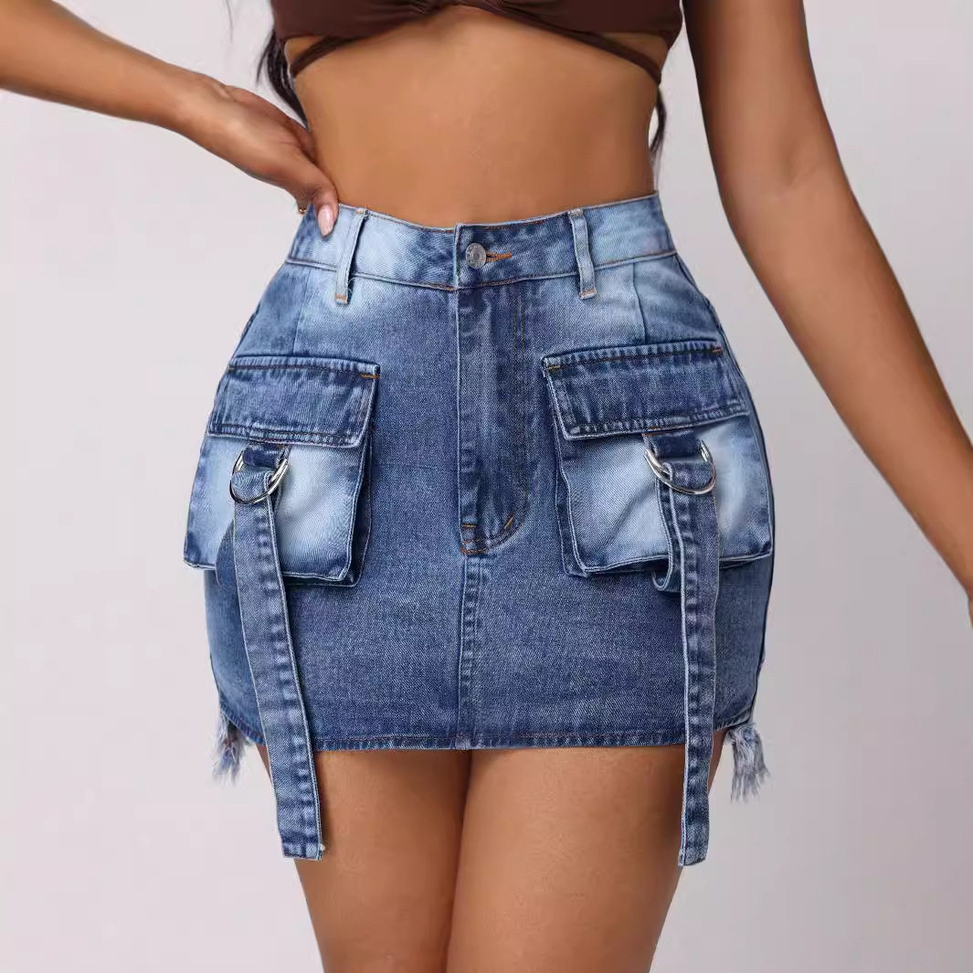 Casual Denim Skirt Stylish Workwear Design Large Pockets Decorative Straps Versatile for Everyday Wear Wholesale