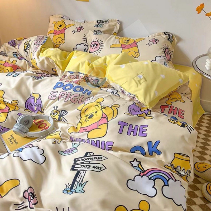 Cartoon Bear Internet Celebrity Washed Cotton Four-Piece Bed Sheet Quilt Cover Bedding Student Three-Piece Dormitory Set