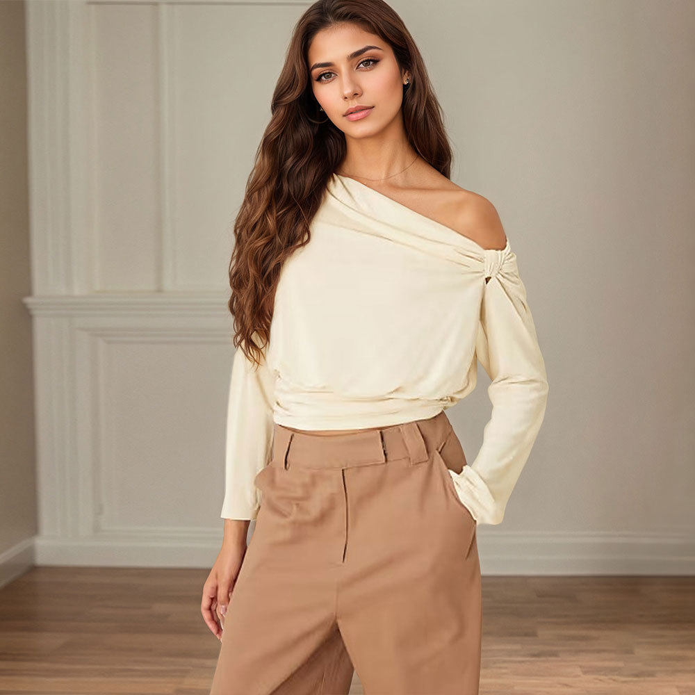 Womens Short Sleeve One Shoulder Top Elegant Design Ruffled Waist Perfect for Spring Summer Ideal for Work or Date