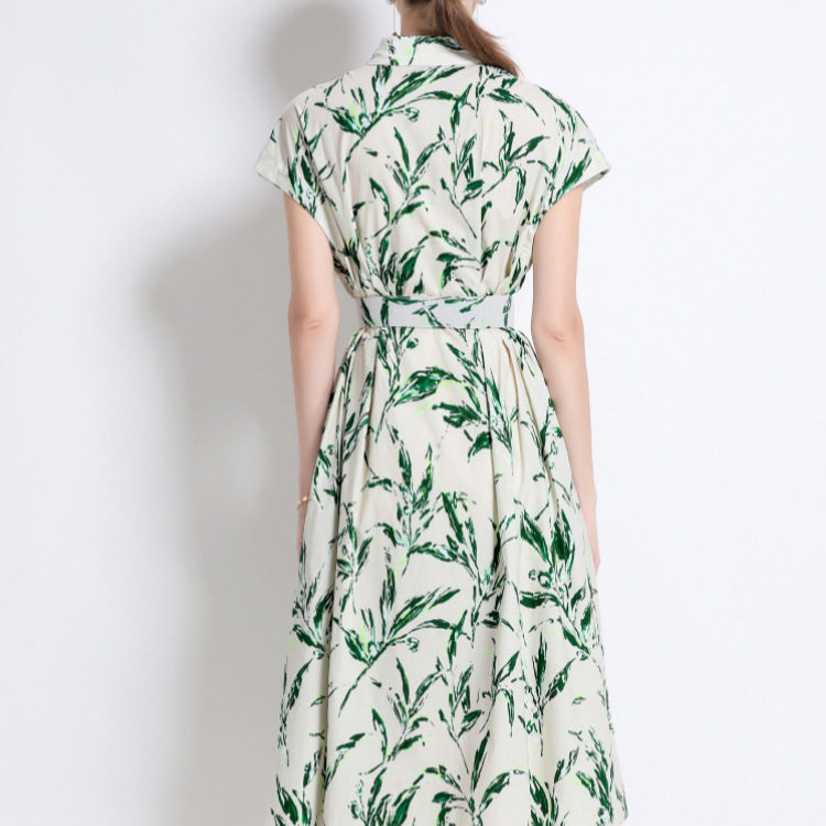 French Vintage Bamboo Leaf Print Shirt Dress Single Breasted Waist Defining A Line Silhouette Summer Casual Wear