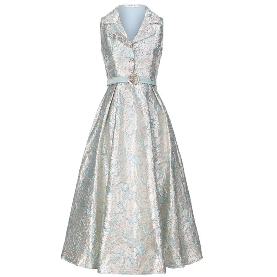 Elegant Floral A Line Dress Sleeveless Waist Tie Slim Fit Summer Style Perfect for Parties or Formal Events
