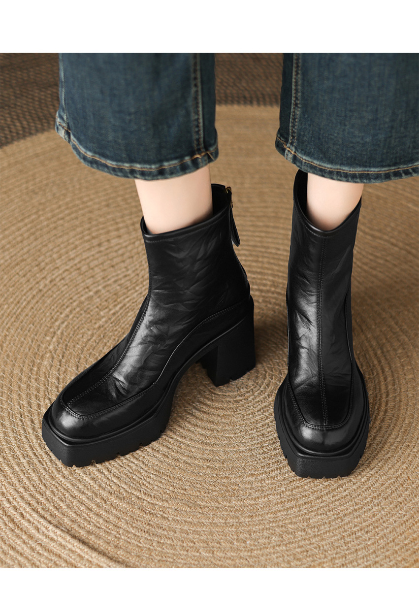 Boot nữ da bò mũi vuông gót thô 8cm đế cao su chống trượt — Lớp lót đơn màu đen, Lớp lót đơn màu nâu, Lót nhung đen, Lót nhung màu nâu