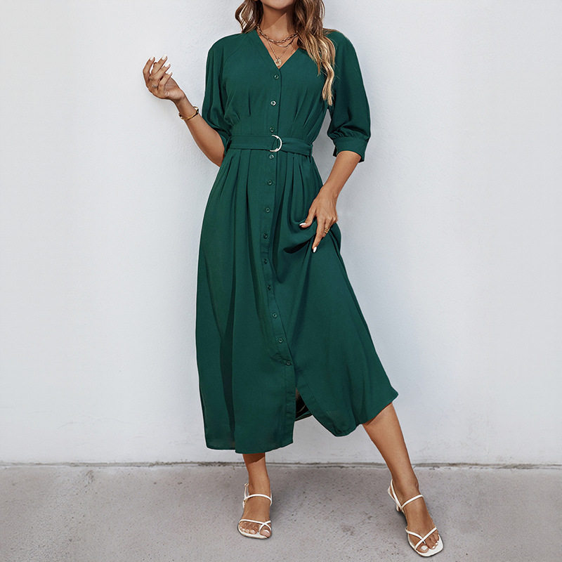 Summer Shirt Dress V Neck Tie Waist Mid Sleeve Green Casual Wear for Women Wholesale Available