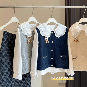 Three-Dimensional Flower Design, Age-Reducing, Slimming, Versatile Layering Knit Vest + Peter Pan Collar Shirt for Women, Autumn and Winter Fashion Set