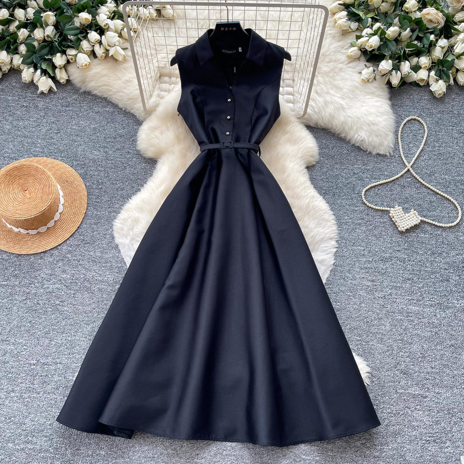Sleeveless A Line Dress for Women High Waist Slim Fit Button Closure Elegant Summer Cocktail Dress Wholesale