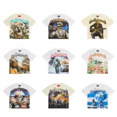 25Ss Cross-Border American Fashion Rock Band Retro Skull Print T-Shirt Pure Cotton High Street Round Neck Loose Unisex Short Sleeve