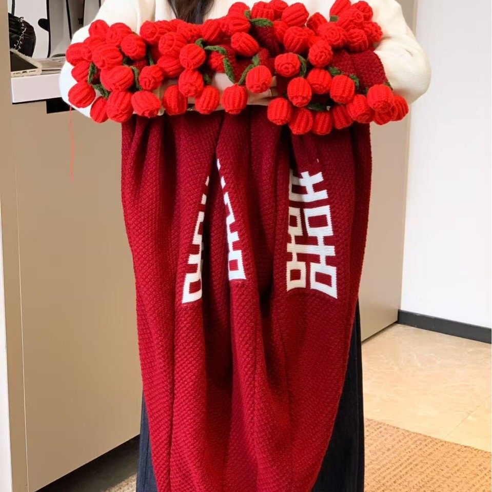 Finished Product: Double Happiness Rose Bouquet Blanket for Engagement and Wedding, Bride Gift, New Chinese Style Double Happiness Blanket Shawl Cover Blanket