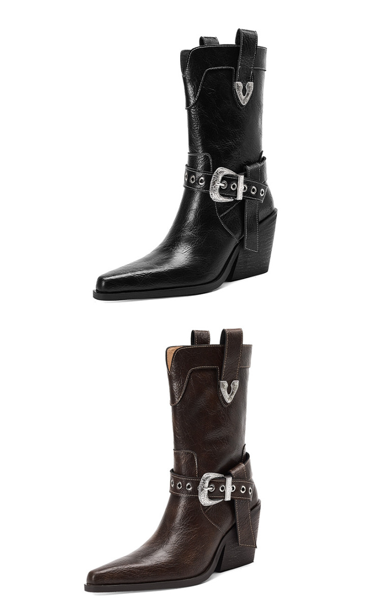 Boot nữ cổ thấp da bò gót xuồng mũi nhọn khóa thắt lưng — Lớp lót đơn màu đen, Lớp lót đơn màu nâu, Lót nhung đen, Lót nhung màu nâu