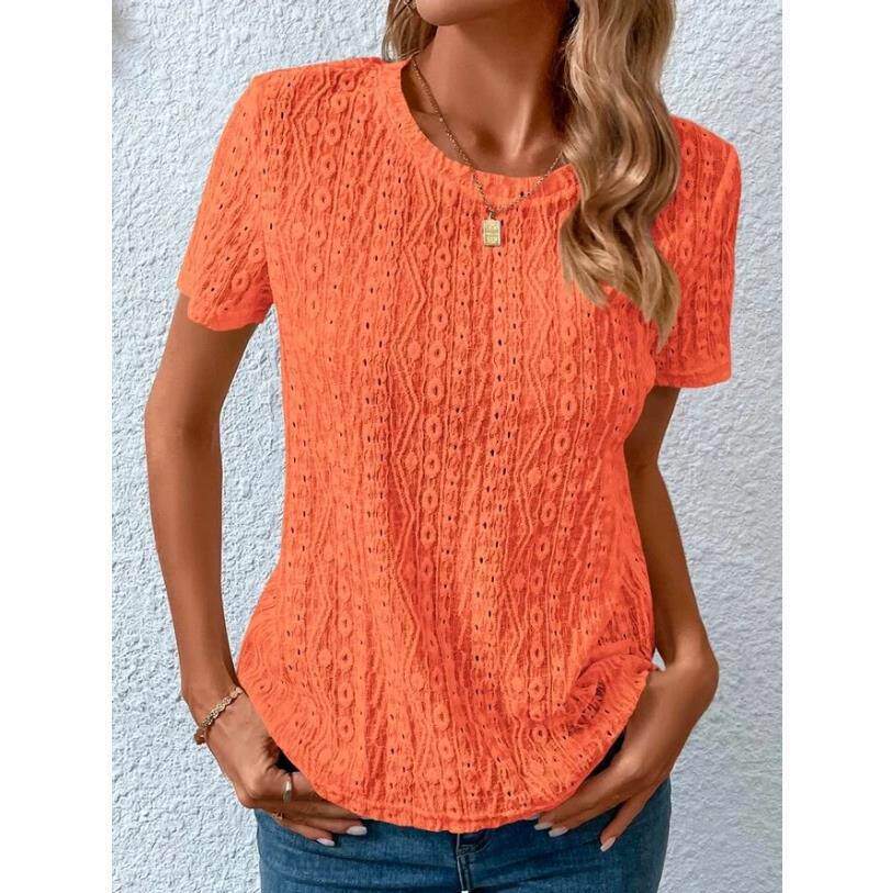 Womens Summer T Shirt Comfortable Fresh Sweet Hollow out Design Round Neck Short Sleeve Casual Wear