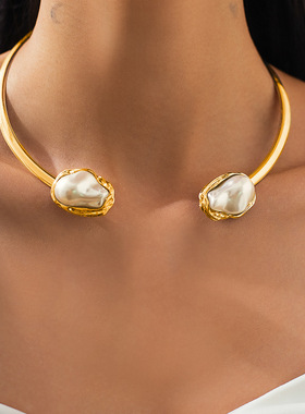 manjusaka欧美风尚！法式巴洛克项链,异形珍珠复古合金锁骨链组合