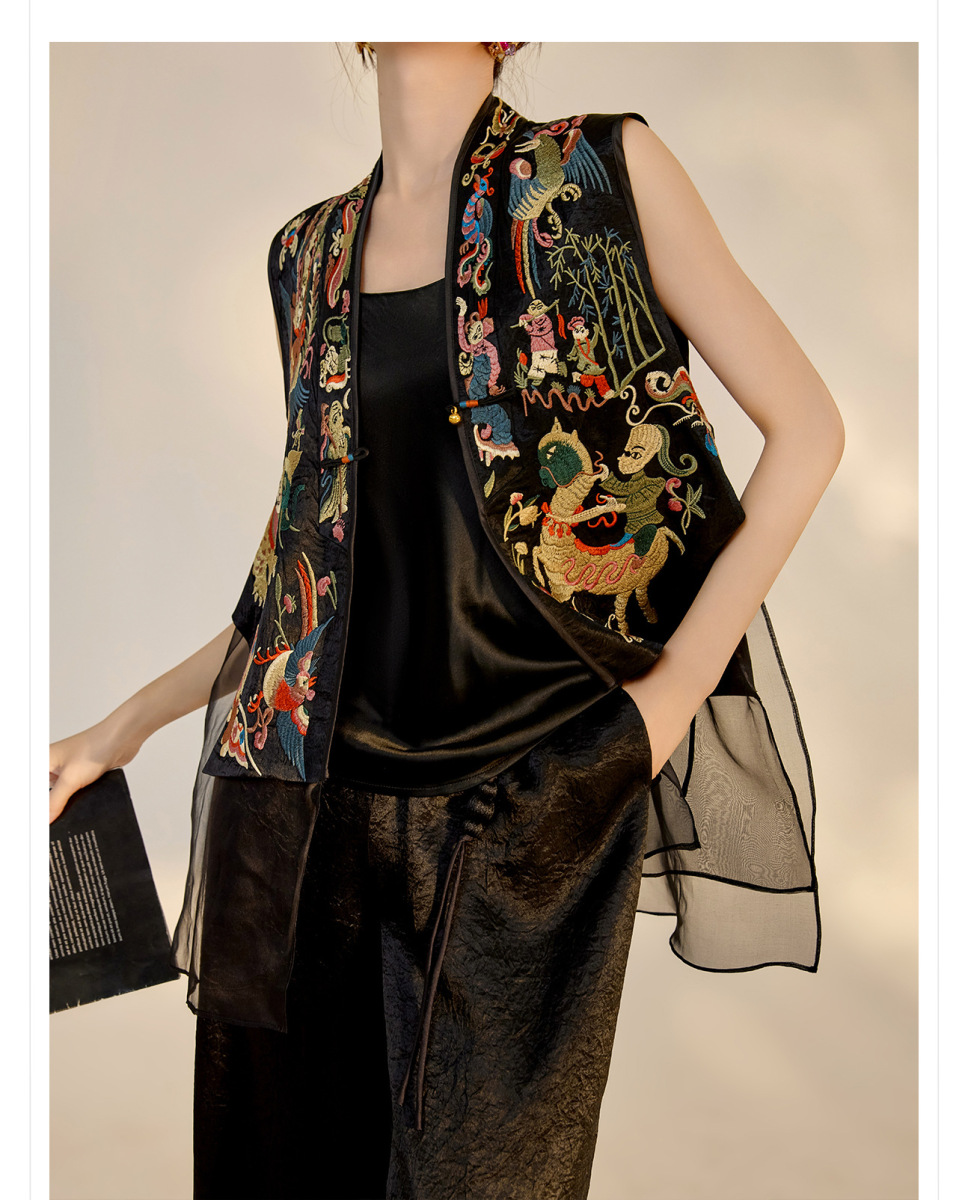 Áo vest nữ dáng gile thêu hoa cổ chữ V phối lưới — Xuân Mộ Đen (cấp ngày hôm nay), Xuân Mộ Đen (giao hàng trong 7 ngày)