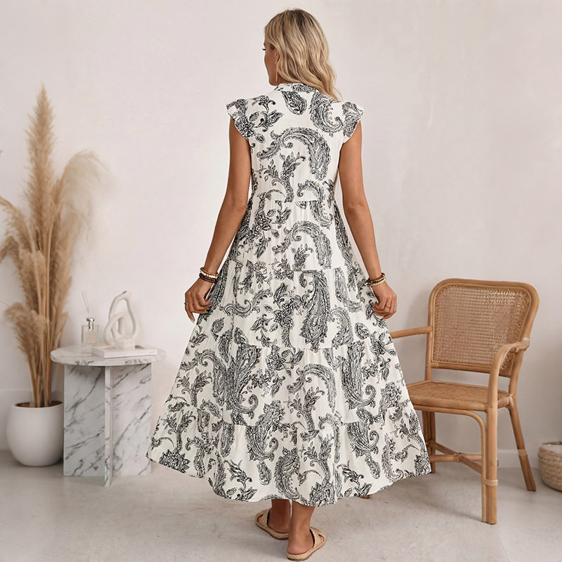 Casual Floral Print V Neck Short Sleeve Cake Dress Bohemian Style Perfect for Summer Vacations Wholesale Available