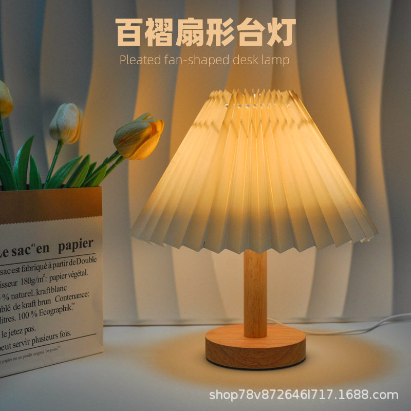 Ins Vintage Pleated Remote Control Nightlight Nordic Homestay Bedroom Decorative Table Lamp Umbrella Bedside Lamp Creative Gift
