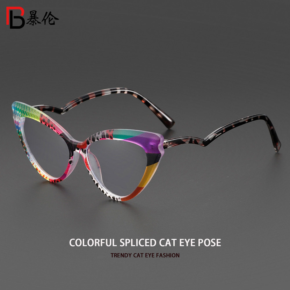 Cross-Border Colorful Frame Floral Acetate Cat-Eye Plain Glasses Frame European and American Trendy Color-Blocking Anti-Blue Light Non-Prescription Glasses 916