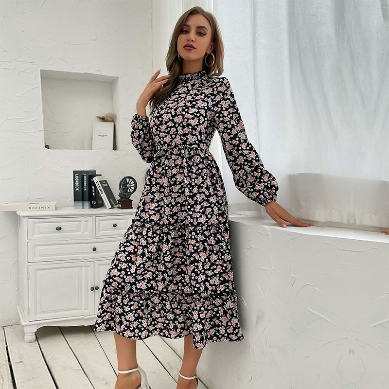 Mid Length Ruffled Print Dress High Neck Long Sleeve Autumn Winter Style Perfect for Casual or Formal Occasions