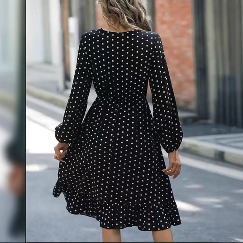 Polka Dot V Neck Dress Waist Defining Elegant Spring Summer Fall Style Wholesale Available customizable