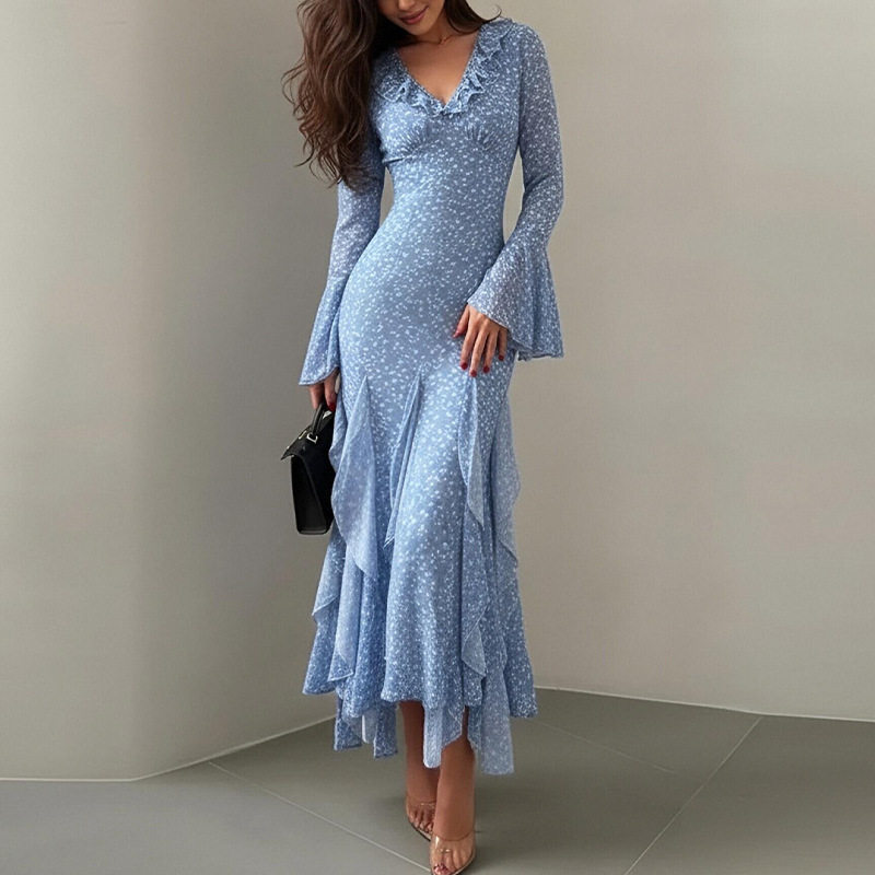 Womens Spring Dress Elegant Floral Print Asymmetrical Waist Design Stylish and Chic Wholesale Available