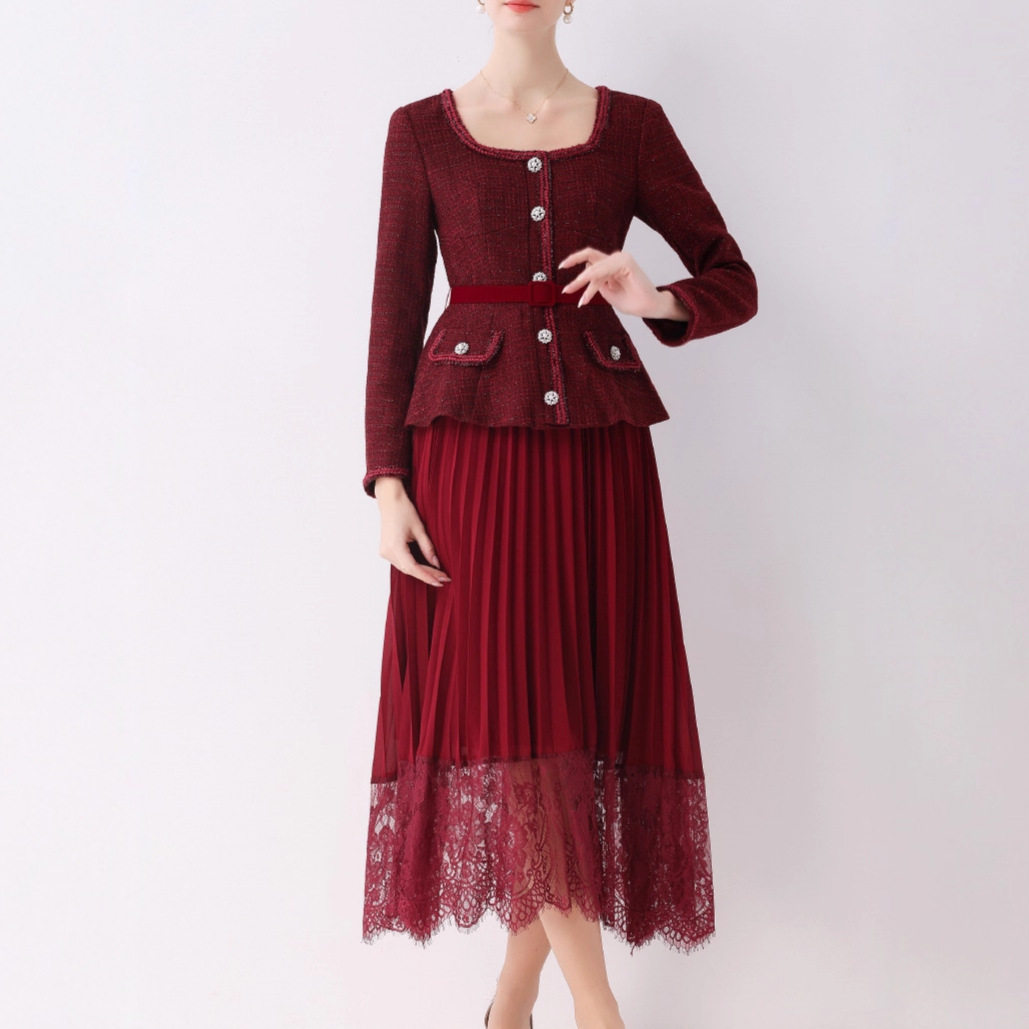 French Chic High End Long Sleeve Pleated Dress Waist Tie Color Block Design Elegant Style Perfect for Autumn and