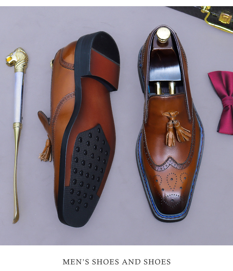 Giày da nam da bò thật chạm khắc brogue cổ thấp kiểu lười có tua rua — Màu nâu (cạnh xanh), Màu nâu (viền đen), đen (cạnh xanh), đen (viền đen)