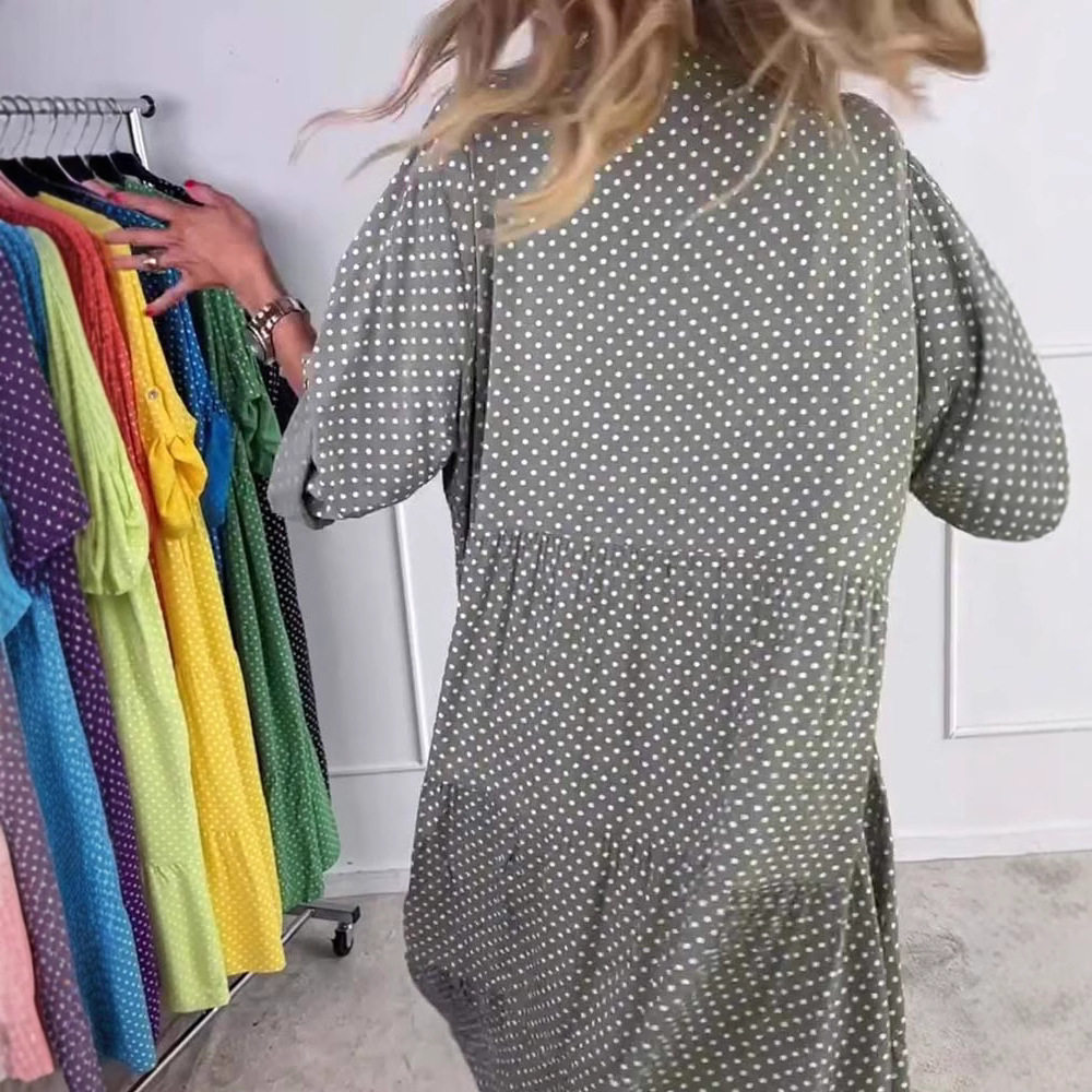Summer Floral Print Button Up Polka Dot Dress Loose Fit Stand Collar Short Sleeve Casual Wear for Women OEM