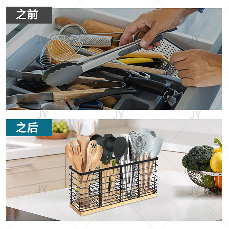 Cross-border Wrought Iron Wooden Kitchen Tableware Storage Box Wall-mounted Four-grid Countertop Chopsticks Holder Household Tableware Storage Rack