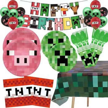 Cartoon Minecraft Pixel Sandbox Game Theme Children's Birthday Party Tableware Paper Plate Disposable Decorations