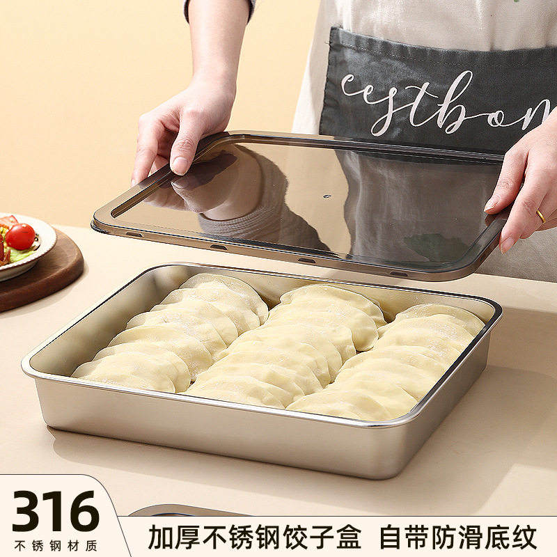 Fresh-Keeping Box with Lid, Can Be Frozen and Heated, Dumpling Box, Wonton Storage Box, Stainless Steel Dumpling Tray, Sealed